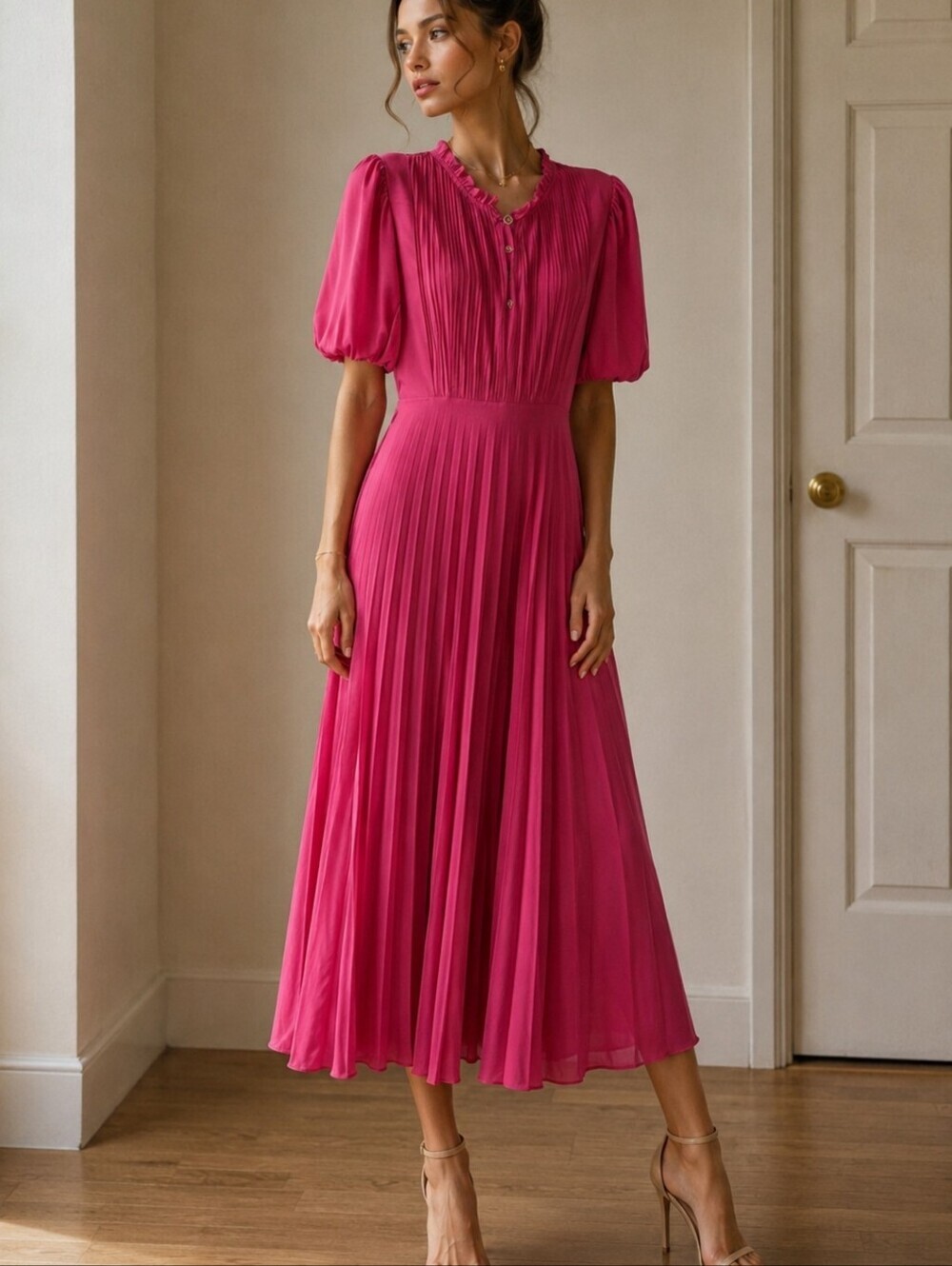 Sharagano boho Old Money Puff Sleeve Pleat Y2K Hot pink Classy midi dress 12P